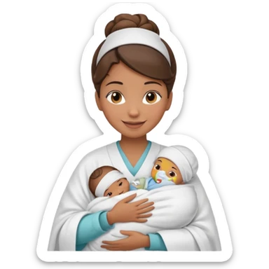 Female nurse smiling with a hair bun on top of head with medium brown skin and brown eyes holding one new born  sticker