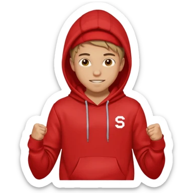 make me an emoji of an americain 19 yearold boy in a red hoodie that says "south" on it and give him with tan skin with his hands in his hands in his pocket wth a small smile flexing his muscles with his hood on sticker