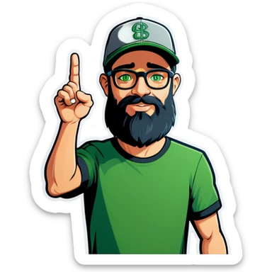 A bold man with a grey baseball cap, green eyes, big beard and glasses, waving  sticker