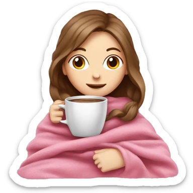 brown-haired white girl inside a pink blanket sipping coffee  sticker