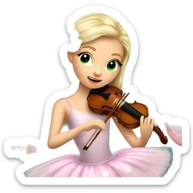 ballet blonde with skin girl with green eyes and soft pastel tutu playing violin with peonies and sparkles realistic coquette sticker