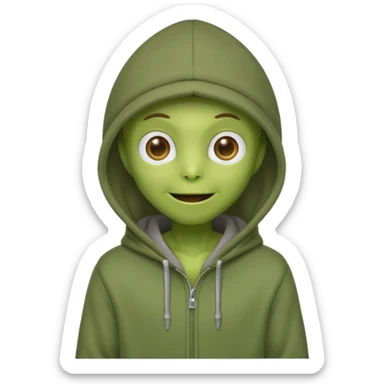 happy green alien in gray hoodie full height, wear hoodie hat sticker