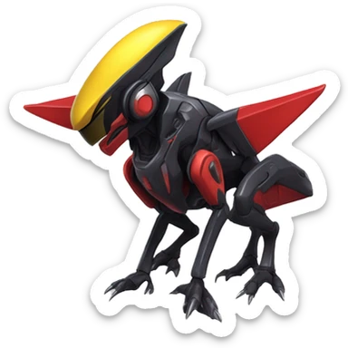 a shiny black-red-yellow Genesect-Raptor-Fakémon—hybrid with a futuristic visor-helmet full body sticker