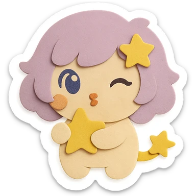 Match the hair color depth, shade, and gradient exactly to the reference image. Make the eyes identical in color, shape, and style to the reference image with no differences. Change the pose and expression to blowing a kiss with a winking eye. Keep all other features including the yellow star in hair, no moon, full body, paper craft style, clean lines, and transparent background. sticker