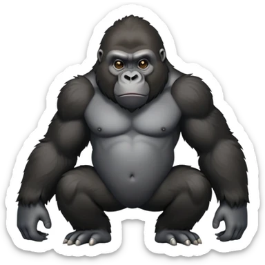 cinematic-friendly cute gorilla-realistic-full-body-crouched on all fours-emoji,-broad-and-powerful-frame-poised-with-confidence,-massive-arms-hanging-slightly-forward,-head-tilted-thoughtfully,-thick-black-fur,-deep-dark-eyes-full-of-intelligence,-simplified-yet-realistic sticker