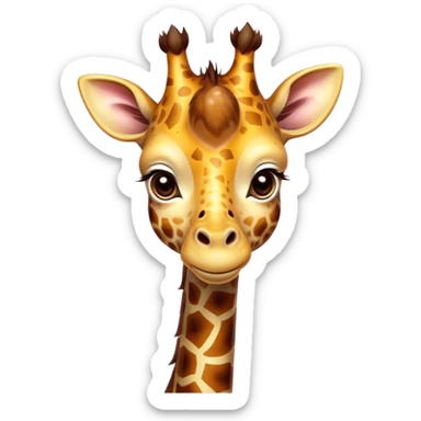 Cinematic Cute Giraffe Portrait Emoji, Head tilted playfully and inquisitively, featuring a glossy, patterned Fur of warm yellows and browns with delicate white spots, round, sparkling eyes filled with curious wonder, Simplified yet irresistibly adorable features, highly detailed, glowing with a warm, friendly glow, high shine, affectionate and gentle, stylized with a touch of savannah whimsy, bright and endearing, soft glowing outline, capturing the essence of a mischievous yet loving giraffe, so playful it feels like it could gallop out of the screen and into your arms! sticker
