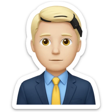 consulting man with hand with white skin and blonde hair with blue shirt and yellow tie and black blazer sticker