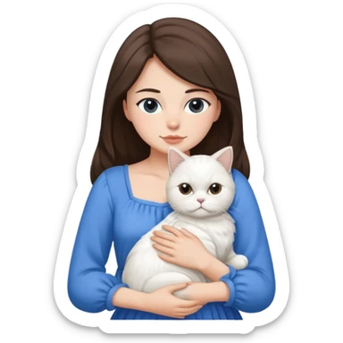 Brunette woman snuggling white Persian cat, wearing a blue dress sticker