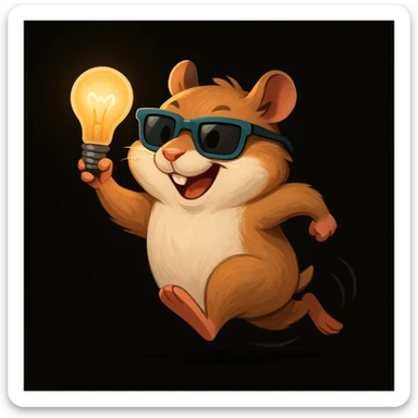 a modern, semi-realistic hamster with cool glasses and a lightbulb, running energetically, inspired by the provided reference, on a solid black background sticker