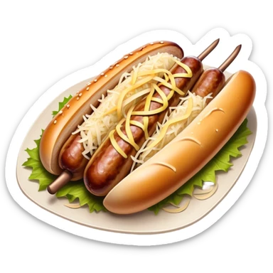 Bratwurst Cinematic Realistic Bratwurst Dish Emoji, depicted as a grilled bratwurst topped with a generous serving of shredded sauerkraut, rendered with rich textures and dynamic, appetizing lighting. sticker