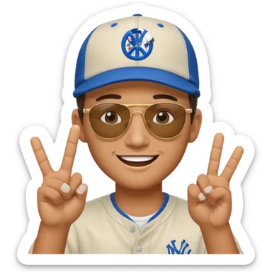 Cool hip guy with NY baseball cap and sunglasses doing a peace sign with one of his hands sticker