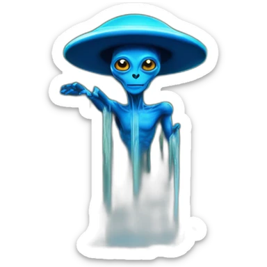 A blue alien wizard standing on a UFO near the edge of a waterfall sticker