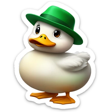 cute fluffy chubby duck with hand and wear green hat sticker