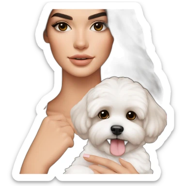 brunette Kendall Jenner with long hair holding on the hands white maltipoo wear on pink collar sticker