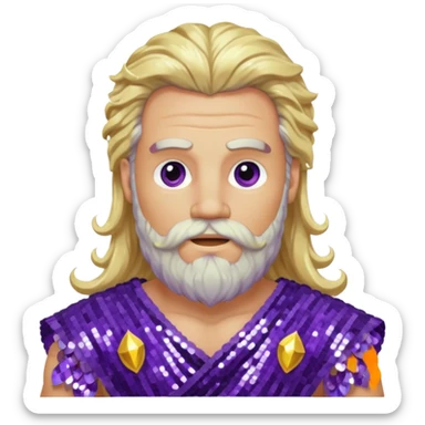 Zeus from Olympus Gods with long blonde wavy hair and beard, purple sequin loincloth sticker