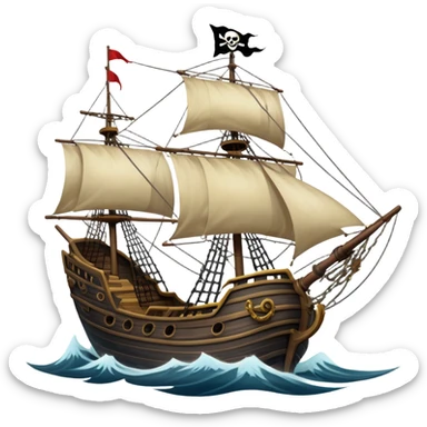 An icon representing an adventure game, inspired by high-seas exploration. The design features a fearless pirate gripping the wheel of a grand sailing ship, its tattered Jolly Roger flag billowing as it cuts through stormy waters. The scene evokes danger, treasure, and the thrill of the open sea. Transparent background. sticker