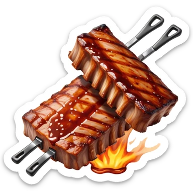 Cinematic juicy grilled ribs, glistening with smoky barbecue sauce, charred edges, tender meat falling off the bone, sizzling on a hot grill, mouthwatering and rich, warm and inviting, ultra-realistic and delicious. sticker