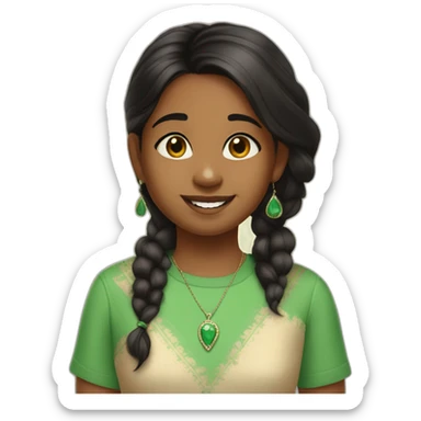 brown skinned black hair indian girl wearing a green shirt that says fifth grade with stud earrings and a necklace that says nila in cursive sticker