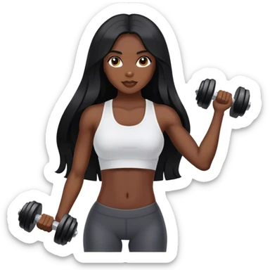 A girl with dark skin, long black hair, with an athletic body, in the hand of a dumbbell sticker