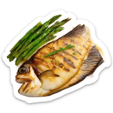 grilled fish fillets with brown butter sauce on white plate sticker