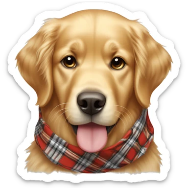 Light color golden retriever wearing a plaid bandana around his neck sticker