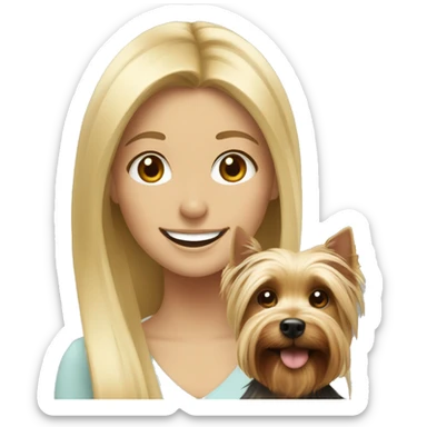 blonde girl smiling with  Yorkshire Terrier sticker