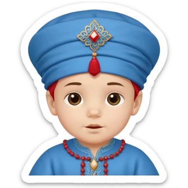  baby boy dressed in a blue ghalibiya with delicate decorations with a red Moracain hat  sticker