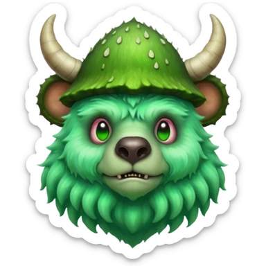 poisonous mushroom bear monster portrait, head and shoulders only, bear-like face, mushroom cap horns, toxic green aura, fluffy neck fur, fantasy beast style, 3D cartoon, mobile game icon style, clean background, no text, no watermark

 sticker