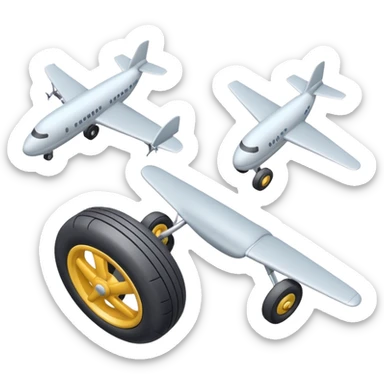 Isometric view of airplane landing gear in emoji style — one inflated, puffy wheel with a strut, soft 3D look, rounded shapes, clean and cartoon-like sticker