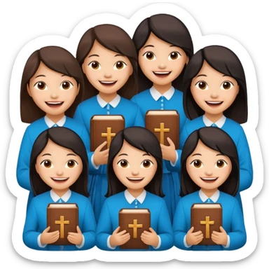 eight asian girls laughing with each other holding bibles and crosses and sticker