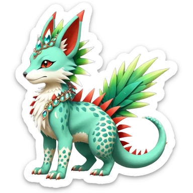 Kawaii cute greenish reddish colorful warm-colored exotic tropical beautiful pretty elegant divine edgy feline-vernid-sergal-Fakémon-Pokémon-fursona-animal-creature with accessories, jewelries, full body, with intricate detailed markings, spikes, crystals, fins, scales, spiny, feathered, headdress sticker