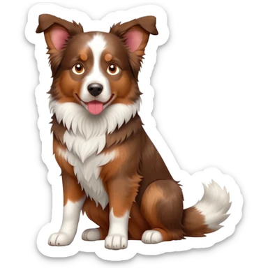 cinematic-[australian shepherd dog]-realistic-full-body-sitting-emoji,-tail-resting-loosely-beside-its-paws,-head-tilted-dramatically,-scruffy-[half white and red merle]-fur,-simplified-yet-realistic-focused-features,-highly-detailed,-glowing-with-an-almost-sarcastic-glow sticker
