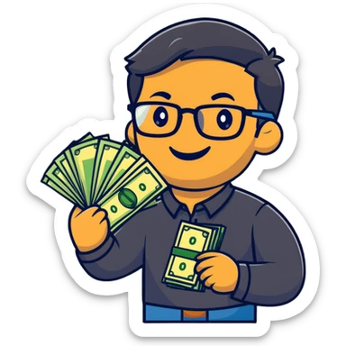 Indian finance bro with glasses, smiling, holding a stack of money, cartoon sticker sticker
