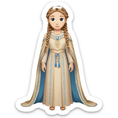 Joven de unos 30 años, de aspecto dulce, elegante.
Piel clara, ojos (pueden ser azules o verdes)
castaño claro largo, con trenzas.
Vestido largo de tonos suaves (blanco, azul o lavanda), con bordados dorados; un manto o toca fina cubriendo la cabeza. Que se vea todo el cuerpo de pies a cabeza sticker