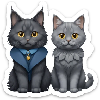 Portrait of a black smoke Maine Coon cat with long grey ear tufts and a thick grey collar, alongside a British Shorthair cat with a solid blue coat. Both cats with detailed fur textures and playful expressions. Soft, elegant background with warm, natural tones. Transparent background. sticker