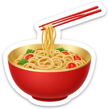 Chinese cuisine humanless avatar in bright emoji-style illustration. Noodles bowl, red and gold colors, simple shapes, flat design, bold and energetic. sticker