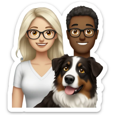 26 year old brunette with blonde highlights wearing glasses with her husband white with dark brown hair and their Australian shepherd  sticker