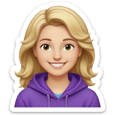 Mujer caucasian, cara redonda, cejas suaves, pelo ondulado castaño claro con puntas rubias, raya al lado. Sonrisa amplia, expresión feliz. Hoodie lila puesta sticker