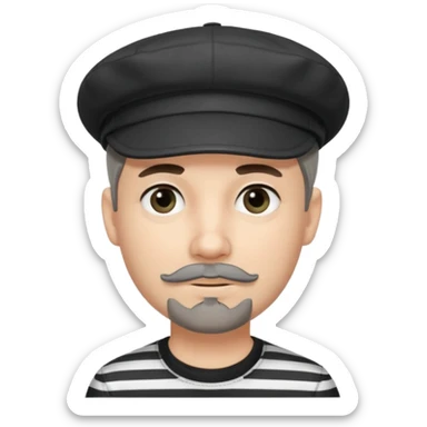 White Man with a dark grey goatee and a black newsboy cap. He is wearing a black and white striped shirt. He has dark black eyeliner  sticker