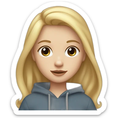 A blonde girl  with smooth hair and a ray in the middle of his hair, blue eyes, she has light skin a few freckles, and she wear a hoodies and she Carries in his arms a black baby labrador dog sticker