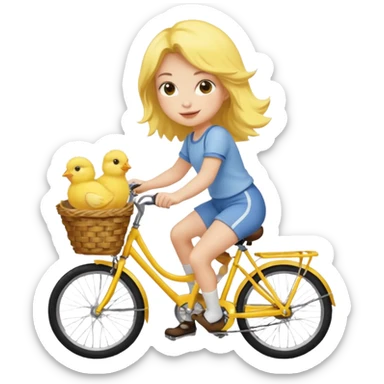 A cartoon girl riding a bicycle with a basket full of baby chicks, 1:1 square ratio. sticker