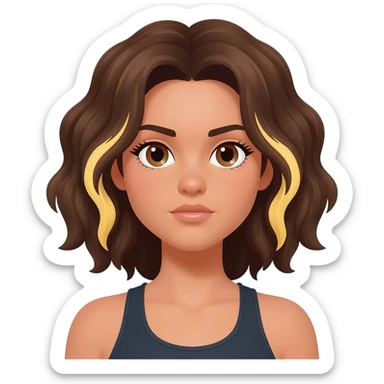 Una chica de piel clara/oscura de ojos marrones pelo castaño ondulado con mechas rubias una en el lado izquierdo debajo de una capa de pelo y la otra detras y tiene un cuerpo de atleta sticker