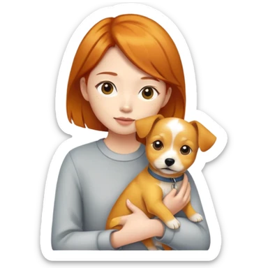 an asian girl with ginger hair, holding a yellow terrior dog sticker