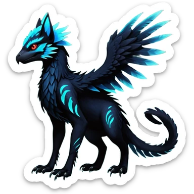 Black Dark Exotic Beaked Feathery Nocturnal Neon-glowing Abyssal Nightly Abyss-Cat-Gryphon-Salandit-Nargacuga-Silvally-Vernid-Sergal-Fakémon-Hybrid-Creature (full body) sticker