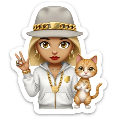 female cat wearing Run DMC hip-hop outfit with tracksuit, fedora, Adidas sneakers, many gold chains, rings, bracelets, flashy earrings, eyes averted, talking to a friend, no sunglasses sticker