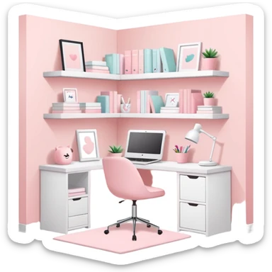 Pastel pink dorm room study corner with white shelves and minimal decor sticker