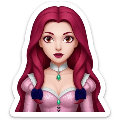 Aleera, Bride of Dracula from Van Helsing with long dark red hair, light pink sequin outfit sticker
