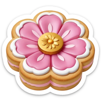 Realistic shortbread cookie in the shape of a camilia flower with pastel pink color jelly middle filling andkled powder sugar on top.emoj sprini sticker