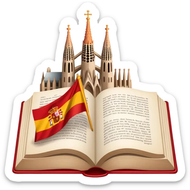 An icon featuring the Sagrada Familia and the flag of Spain, symbolizing the Spanish language. The design includes an open book with Spanish text and flamenco dancers, representing language learning and cultural heritage. Transparent background sticker