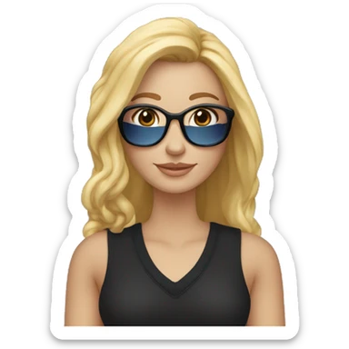 Een 52 jarige vrouw met middel lang blond haar, grijs met zwarte sjaal, zonnebril, zwarte sweater en blauwe broek sticker